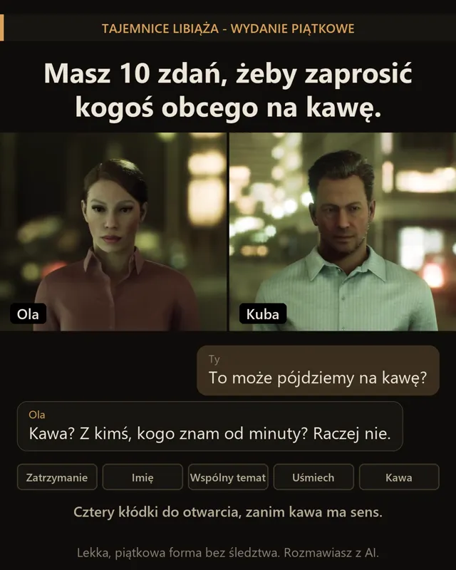 Ola i Kuba - postacie z gry „Na kawę?”, pod nimi fragment rozmowy i pięć kłódek do otwarcia